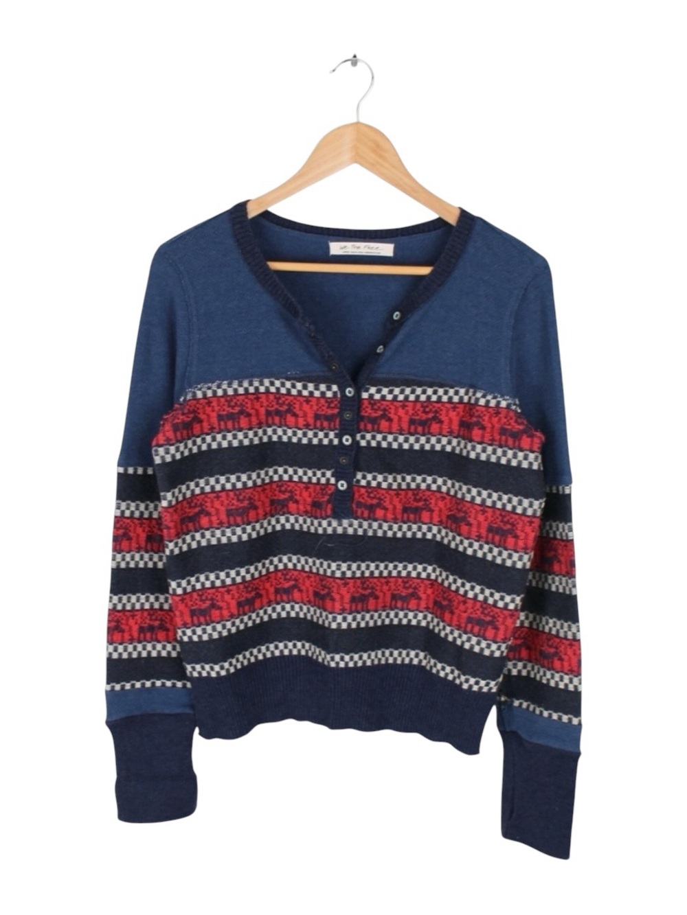 Free People We The Free Thermal Henley Top Deer Fair Isle Stripe Size Large